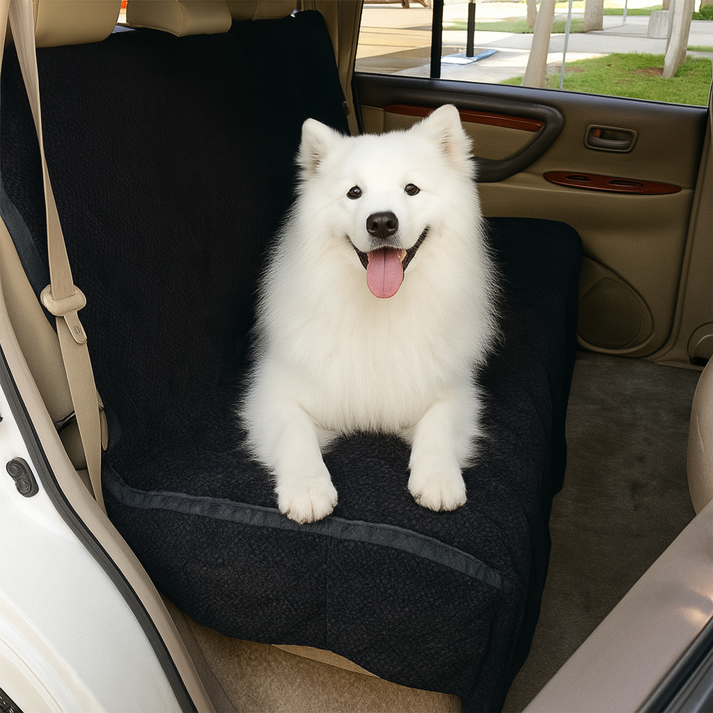 Black micro velvet car seat bench cover for dogs, preventing pet hair and stains.