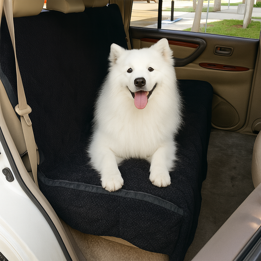 Black micro velvet car seat bench cover for dogs, preventing pet hair and stains.