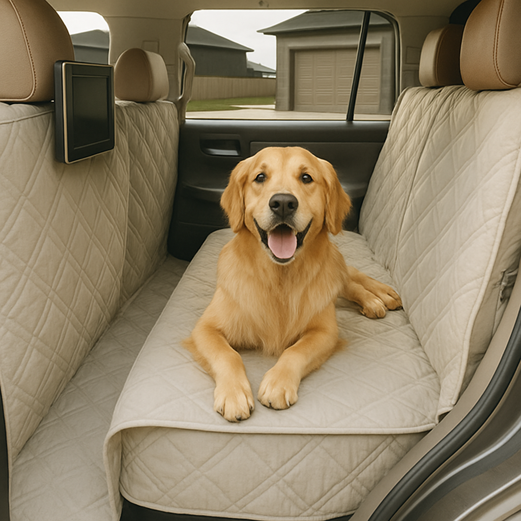 X-Large taupe car seat cover for pets with quilted fabric in a back seat featuring a happy dog.