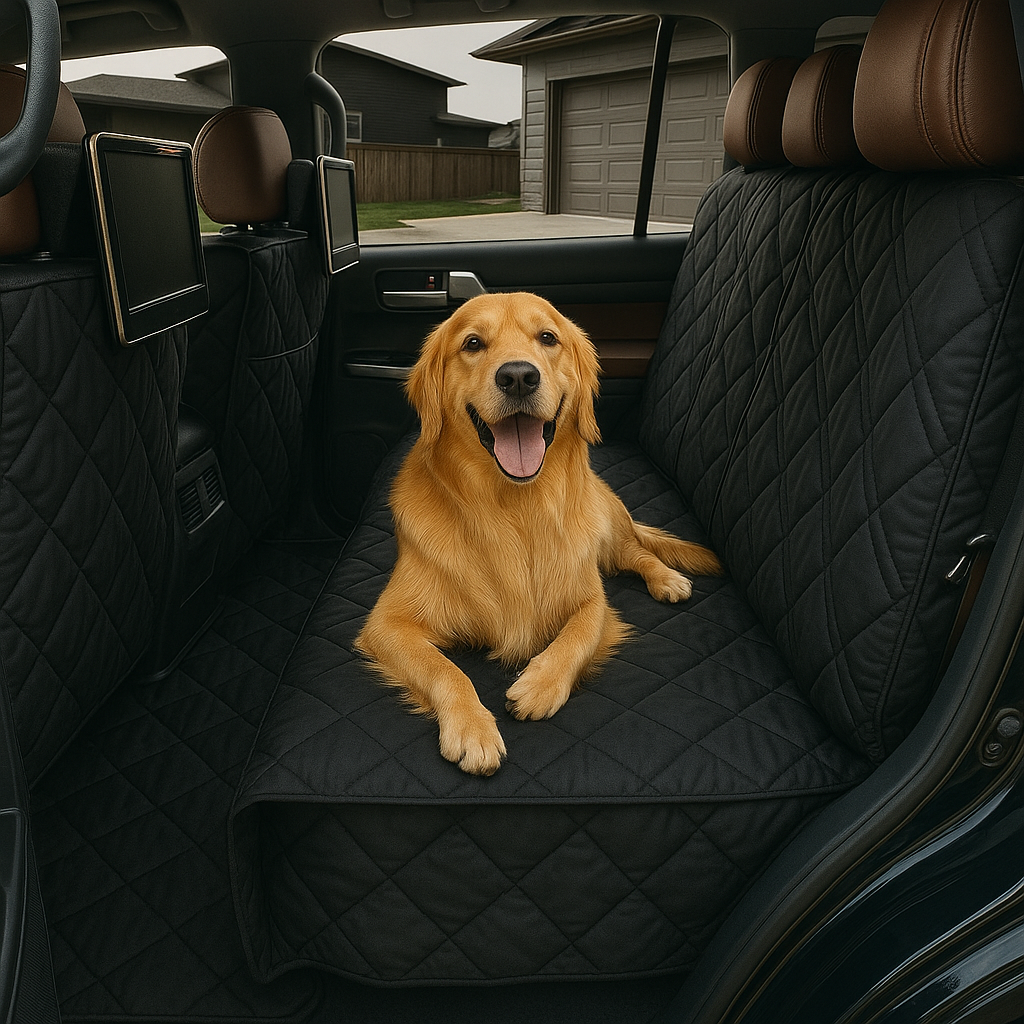 X-Large black car seat cover for dogs, quilted and padded, protecting car interior from pet hair and dirt.