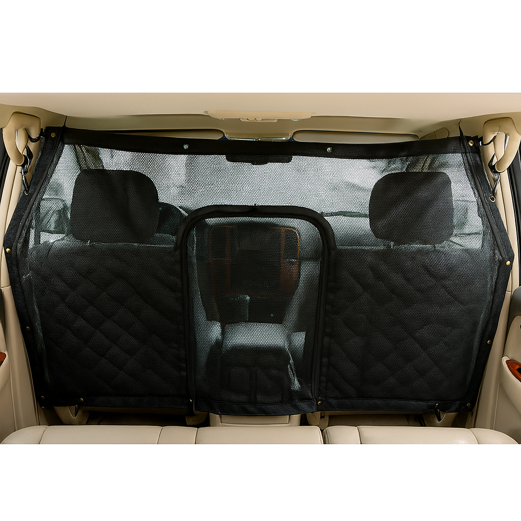 Large pet car seat barrier mesh-net installed in a vehicle, featuring adjustable elastic straps and zippered door opening.