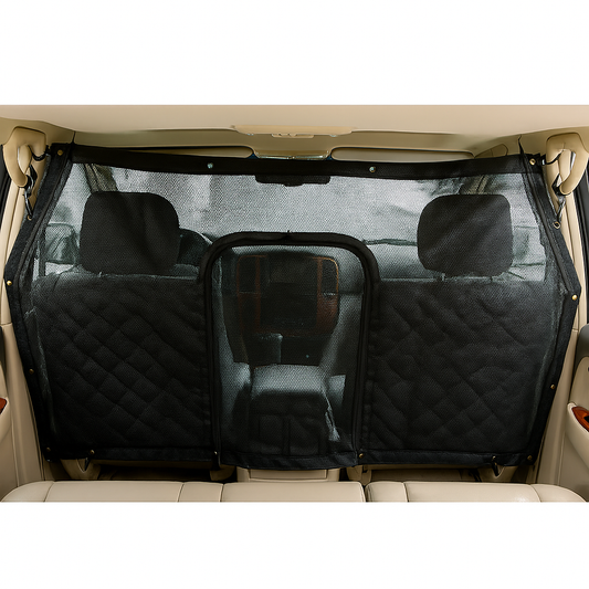 Large pet car seat barrier mesh-net installed in a vehicle, featuring adjustable elastic straps and zippered door opening.