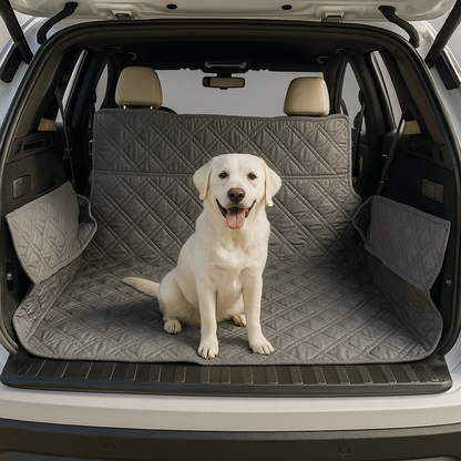 Deluxe padded cargo liner in grey, 52"W x 93"L, fits SUV, truck, mini van, shown in use with a dog in trunk.