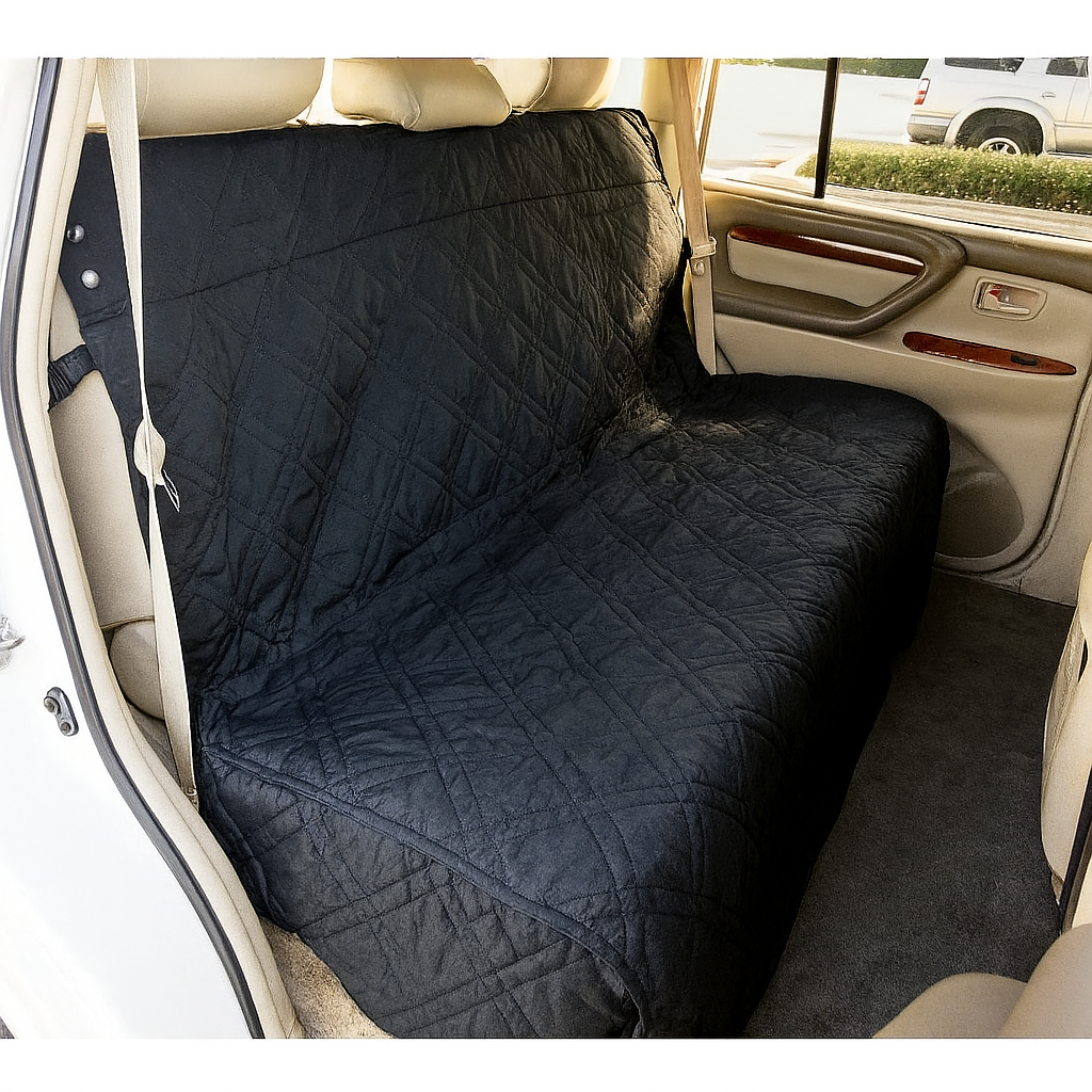 Luxury black quilted car seat bench cover for pets, protecting against dirt and stains.