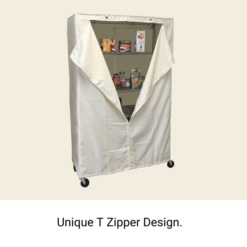 A storage unit cover by Formosa Covers, specifically designed to fit racks measuring 48"W x 18"D x 72"H, in an off-white hue. Crafted from water-repellent polyester fabric with a distinct T-shaped zipper design, the partially opened cover reveals shelves containing jars and boxes inside. The shelving unit is mobile, as it is equipped with wheels. Text below reads, "Unique T Zipper Design.