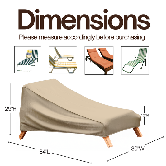 Patio Chaise Lounge Cover in taupe, dimensions 84"L x 30"W x 29"H, shown on a chaise lounge.