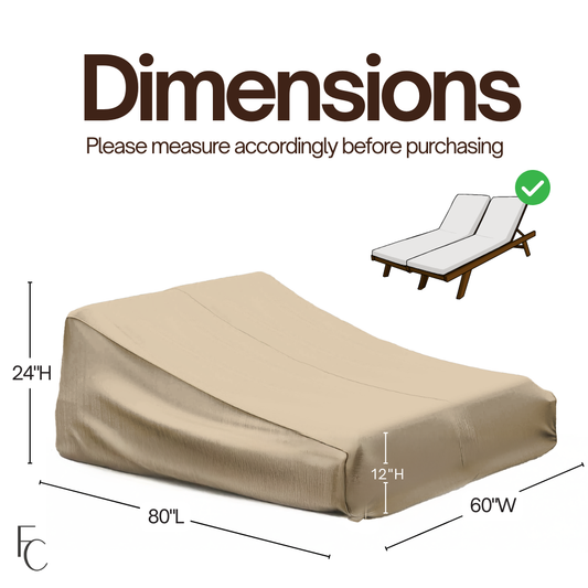 Patio double chaise lounge cover in taupe color, dimensions 84"L x 60"W x 24"H.