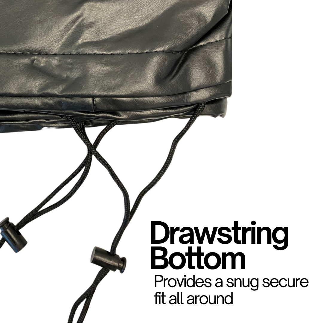 Black tarp with a drawstring bottom on a white background
