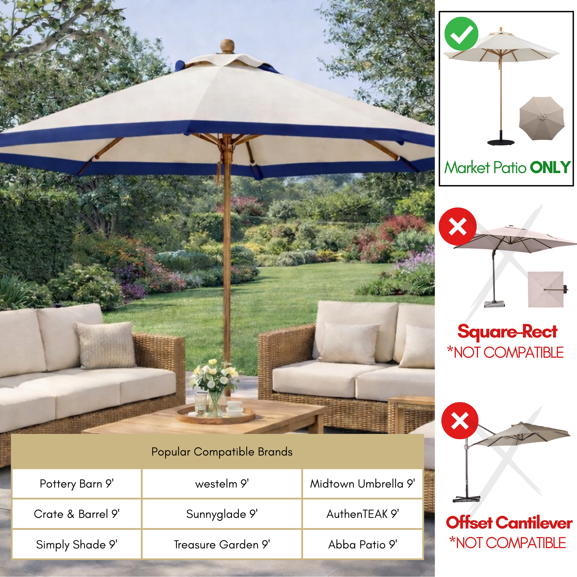 9ft Market Patio Umbrella 8 Rib Replacement Canopy Duet Navy