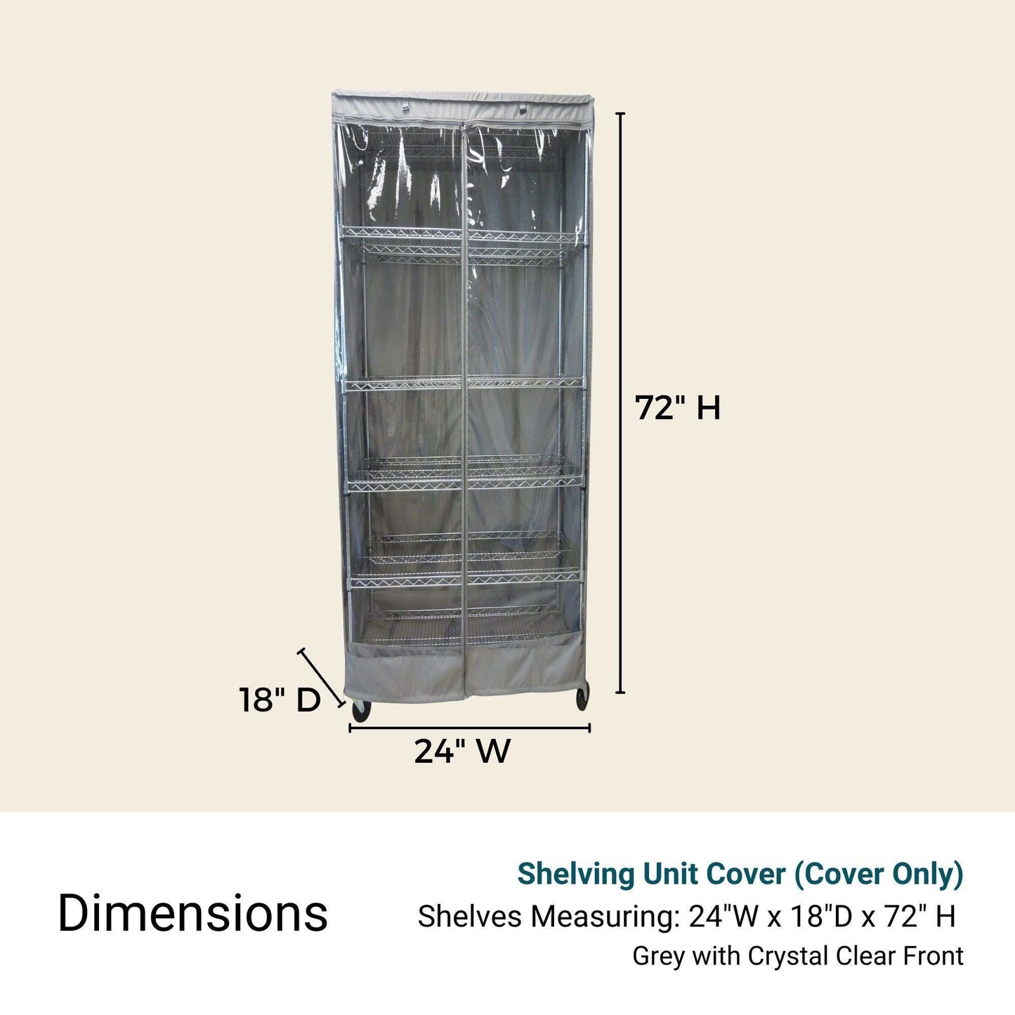 The Formosa Covers Storage Shelving Unit Cover, featuring a tall, grey design made of water-repellent polyester fabric and a clear PVC front panel, fits snugly over a metal shelving unit measuring 24" W x 18" D x 72" H. The cover includes a zippered front and is designed to accommodate four shelf levels.