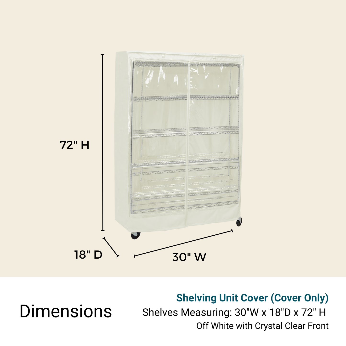 The Formosa Covers Storage Shelving Unit Cover, in off-white polyester fabric with a transparent front panel, fits racks measuring 72 inches high, 30 inches wide, and 18 inches deep. This water-repellent cover includes caster wheels for easy mobility.