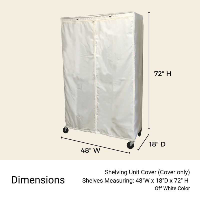 A beige, water-repellent cover made from durable polyester fabric by Formosa Covers is designed for a wheeled shelving unit measuring 48"W x 18"D x 72"H. It features convenient corner zippers for easy access and elegantly displays the text "Storage Shelving Unit Cover, fits racks 48'W x 18'D x 72'H in Off White" in an off-white color.