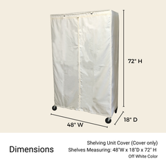 A beige, water-repellent cover made from durable polyester fabric by Formosa Covers is designed for a wheeled shelving unit measuring 48