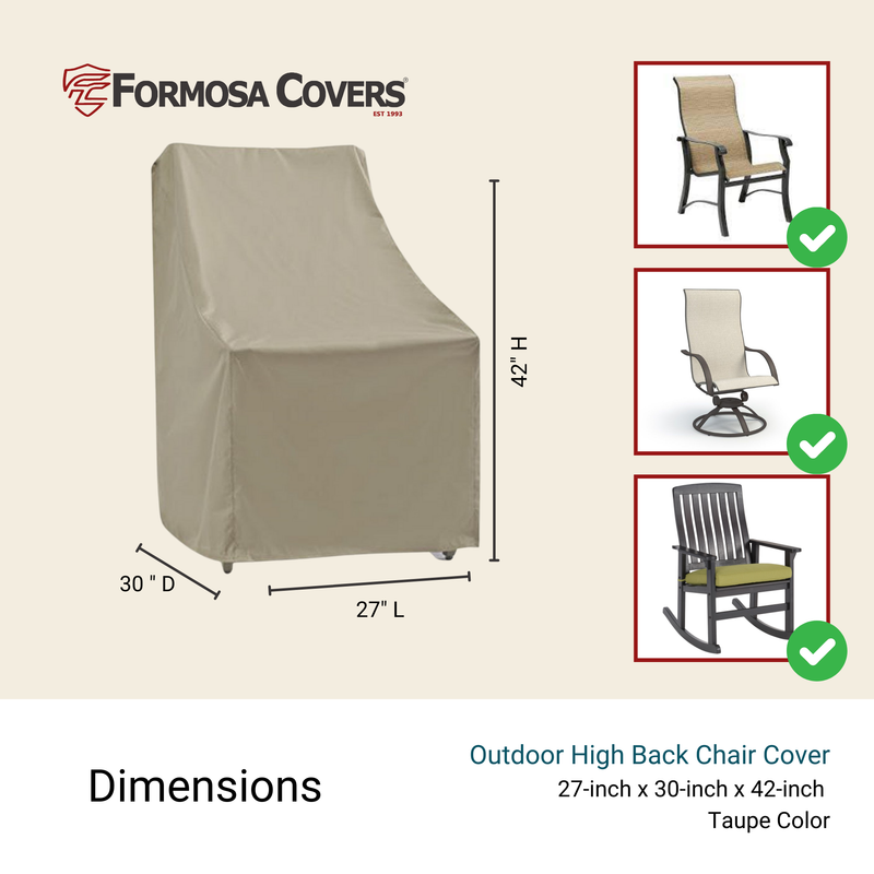 The Patio High Back Dining Chair Cover by Formosa Covers is featured in Classic Taupe. Made from UV-treated, water-resistant polyester, it measures 27 inches wide, 30 inches deep, and 42 inches high. This cover accommodates standard, swivel, and rocking chairs.