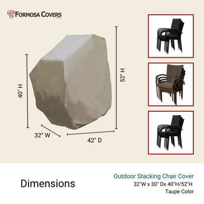 An illustration of a Formosa Covers Patio Stacked Chairs Cover in classic taupe color. The weatherproof cover measures 32" W x 42" D and can accommodate stacks of up to 8 chairs. To the right, there are three images showing stacks of black and brown wicker chairs, perfect for patio furniture protection with heavy-duty construction.