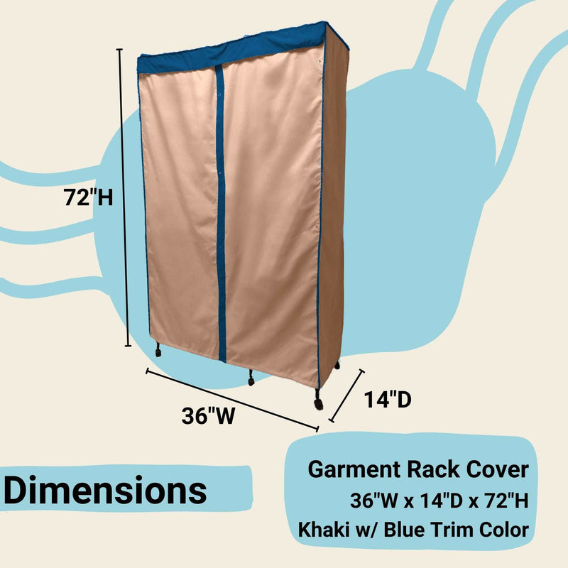 Portable Garment Rack Cover 36"W x 14"D x 72"H Khaki with Dusty Blue Trim