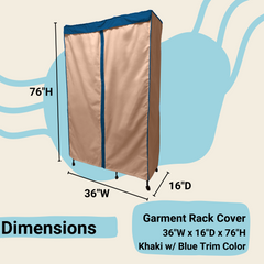 The Formosa Covers Portable Garment Rack Cover in khaki with dusty blue trim is displayed. Its dimensions are 36 inches wide, 16 inches deep, and 76 inches high. Made from durable polyester fabric, the cover is shown on a backdrop featuring dimension lines and the description 