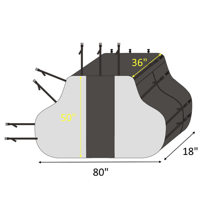 A diagram of the Lightweight Dual Bike Rack Cover For Transport by Formosa Covers, showing its dimensions—80 inches in length, 50 inches in height, and 18 inches in depth. A highlighted section indicates that the cover tapers to 36 inches in height at one end. Several straps and zippers are visible for securing this bike cover designed to fit 1-2 bikes.