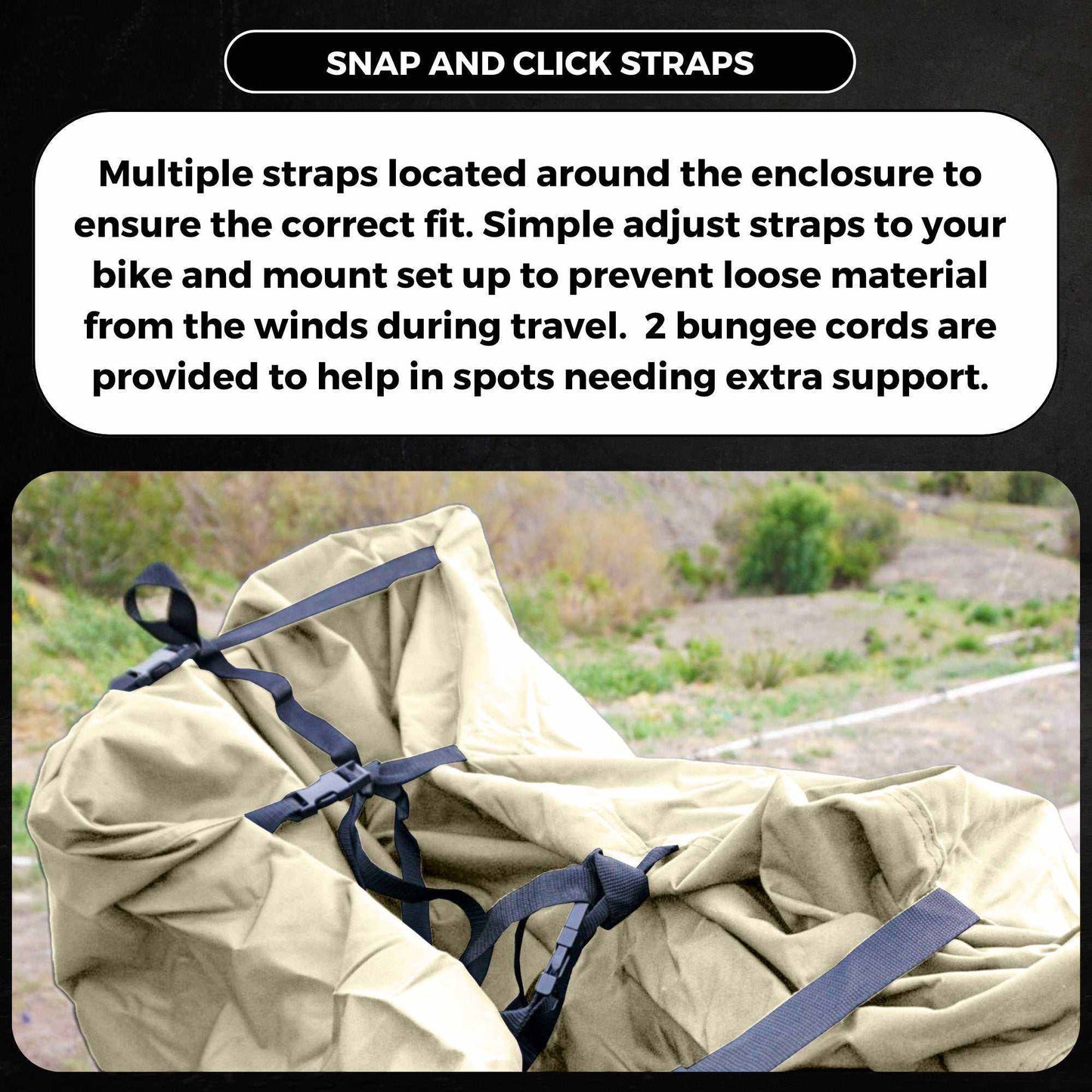 Close-up image of the Formosa Covers NEW COLOR - Dual Bike Rack Cover For Transport (Fits 1-2 Bicycles) with snap and click straps securing it in place. The text highlights the adjustable straps designed to ensure a secure fit, protect from wind, and offer UV and water damage protection. It mentions the inclusion of two bungee cords for additional support. The cover features large translucent ends with a license plate holder for added convenience.