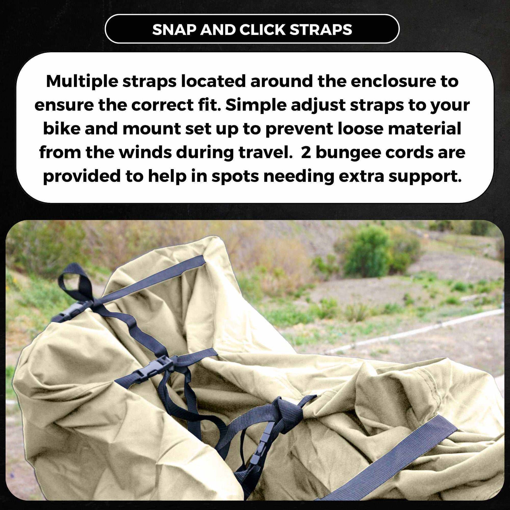 Close-up image of the Formosa Covers NEW COLOR - Dual Bike Rack Cover For Transport (Fits 1-2 Bicycles) with snap and click straps securing it in place. The text highlights the adjustable straps designed to ensure a secure fit, protect from wind, and offer UV and water damage protection. It mentions the inclusion of two bungee cords for additional support. The cover features large translucent ends with a license plate holder for added convenience.
