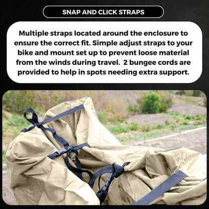 Close-up image of the Formosa Covers NEW COLOR - Dual Bike Rack Cover For Transport (Fits 1-2 Bicycles) with snap and click straps securing it in place. The text highlights the adjustable straps designed to ensure a secure fit, protect from wind, and offer UV and water damage protection. It mentions the inclusion of two bungee cords for additional support. The cover features large translucent ends with a license plate holder for added convenience.