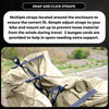 Close-up image of the Formosa Covers NEW COLOR - Dual Bike Rack Cover For Transport (Fits 1-2 Bicycles) with snap and click straps securing it in place. The text highlights the adjustable straps designed to ensure a secure fit, protect from wind, and offer UV and water damage protection. It mentions the inclusion of two bungee cords for additional support. The cover features large translucent ends with a license plate holder for added convenience.