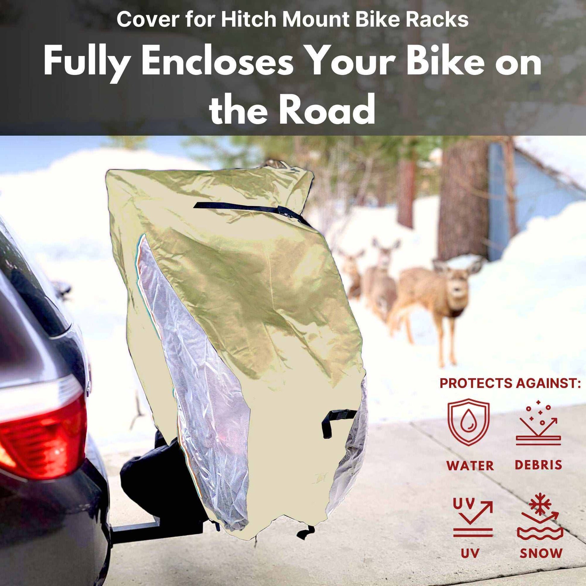 A black car is equipped with a hitch mount bike rack, covered by the Formosa Covers OPEN BOX - NEW COLOR Dual Bike Rack Cover for Transport, which fits 1-2 bicycles and features large translucent ends and a license plate holder. This heavy-duty poly cover in beige includes reflective panels and a transparent section, offering protection against water, debris, UV rays, and snow. In the background, three deer are seen standing near some trees.