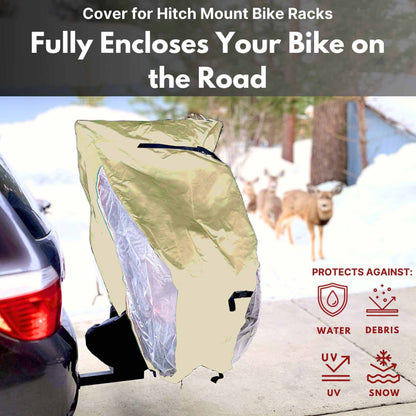 A black car is equipped with a hitch mount bike rack, covered by the Formosa Covers OPEN BOX - NEW COLOR Dual Bike Rack Cover for Transport, which fits 1-2 bicycles and features large translucent ends and a license plate holder. This heavy-duty poly cover in beige includes reflective panels and a transparent section, offering protection against water, debris, UV rays, and snow. In the background, three deer are seen standing near some trees.