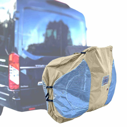 A black van is parked with a large protective bike cover in the foreground. The beige cover, featuring blue accents and a "Formosa Covers" logo, appears to be the NEW COLOR - Dual Bike Rack Cover For Transport (Fits 1-2 Bicycles) Large Translucent Ends with License Plate Holder, designed for protecting bicycles from UV and water damage during transportation.