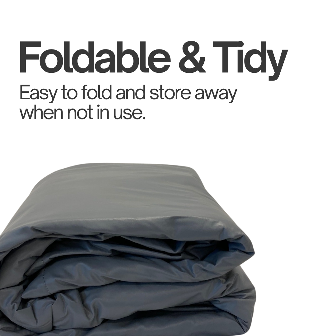 Folded gray blanket with text 'Foldable & Tidy' on a white background