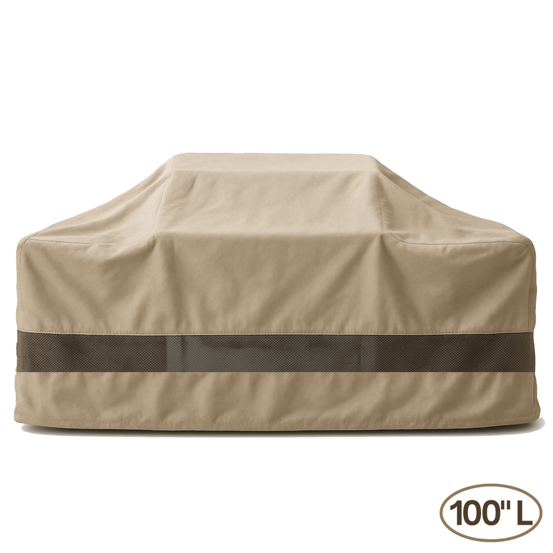 Island BBQ Outdoor Grill Cover 100" in taupe with water-repellent, heat-resistant fabric and air vents for outdoor protection