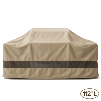 Island BBQ Outdoor Grill Cover 124 inch taupe weather-resistant protective cover with air vents and drawstring bottom