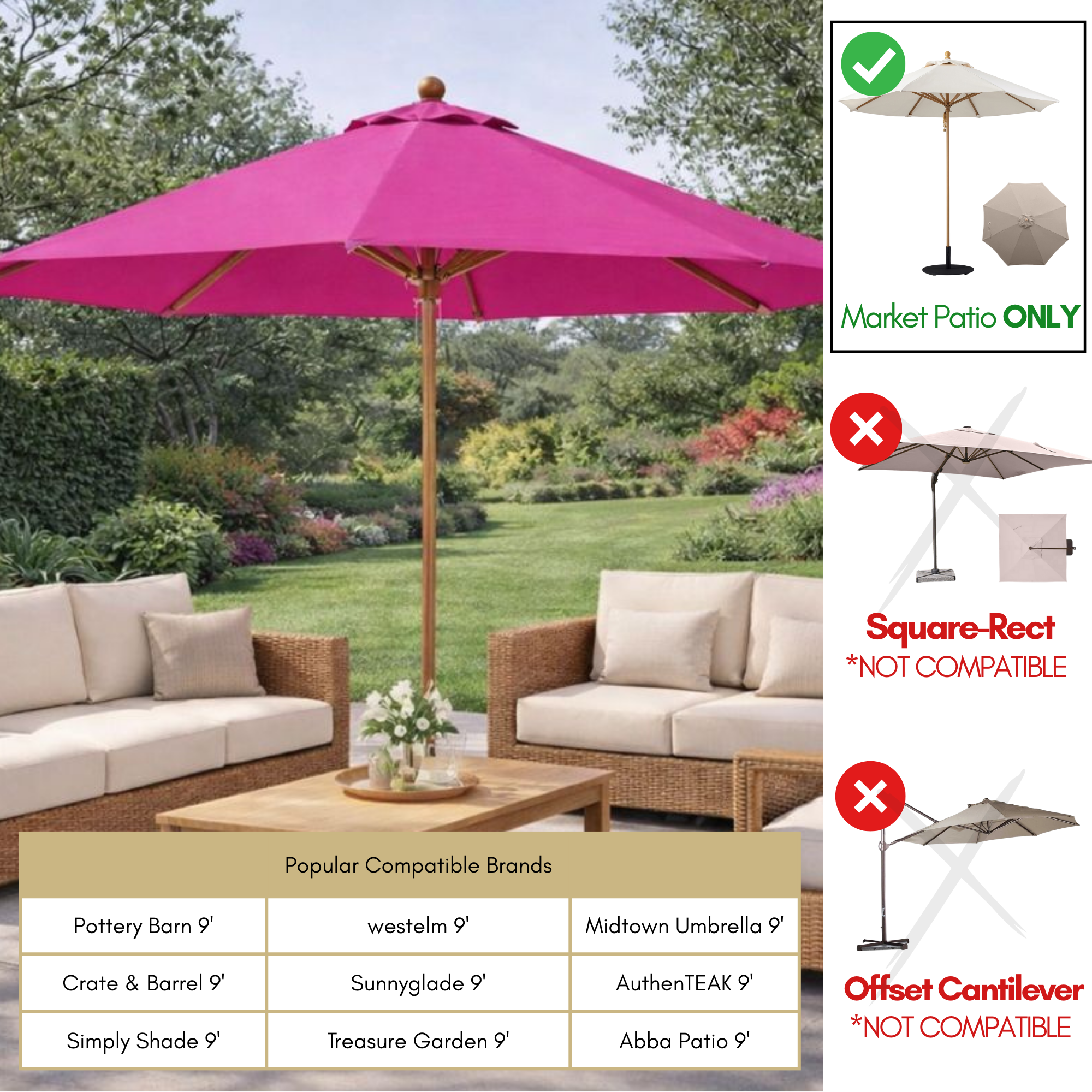 9ft Market Patio Umbrella 8 Rib Replacement Canopy Fuchsia - Formosa Covers
