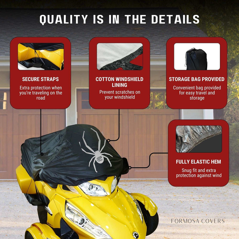 The image depicts a yellow three-wheeled motorcycle shielded by a Formosa Covers Can-Am Spyder Touring Model Half Cover for RT and ST Limited (2020). The cover showcases a prominent white spider emblem. Notable text elements include "Secure Straps," "Cotton Windshield Lining," "Storage Bag Provided," and "Fully Elastic Hem." Made from UV-treated, waterproof fabric, the cover offers exceptional durability. In the background, a house with wooden garage doors is visible.