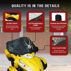 The image depicts a yellow three-wheeled motorcycle shielded by a Formosa Covers Can-Am Spyder Touring Model Half Cover for RT and ST Limited (2020). The cover showcases a prominent white spider emblem. Notable text elements include 