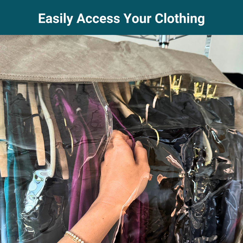 A hand is unzipping the Formosa Covers Closet Rod and Portable Clothing Rack Shoulder Garment Dust Cover, which hangs on a clothing rack. Several pieces of clothing, including colorful dresses on hangers, are visible through the plastic. The text at the top reads, "Easily Access Your Clothing".