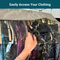 A hand is unzipping the Formosa Covers Closet Rod and Portable Clothing Rack Shoulder Garment Dust Cover, which hangs on a clothing rack. Several pieces of clothing, including colorful dresses on hangers, are visible through the plastic. The text at the top reads, 