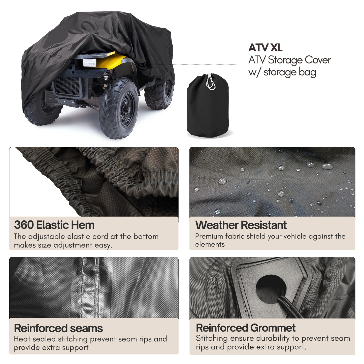 ATV Cover XL | 89"L x 47"W x 40"H | 300D Waterproof with Vents, Tie-Down Hooks & Grommets | Fits Honda Rancher, Yamaha Grizzly & More | Black