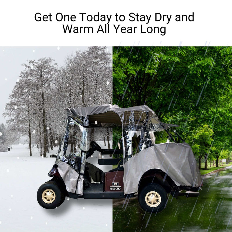 A golf cart fitted with a Formosa Covers 2+2 Passenger Short Roof 58"L 3 Sides Golf Cart Driving Enclosure Cover Open Front Grey is shown, demonstrating its effectiveness in various weather conditions. On the left, there's a snowy winter scene, while on the right, a rainy spring or summer landscape is depicted. The text above reads, "Get One Today to Stay Dry and Warm All Year Long.