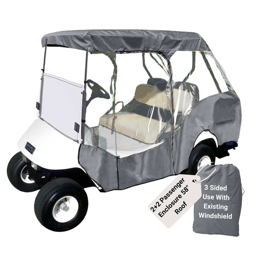 A white golf cart fitted with the "2+2 Passenger Short Roof 58\"L 3 Sided Golf Cart Enclosure Short Roof Cover Open Front Grey" by Formosa Covers. The enclosure covers the top and sides, providing protection from the elements. Beside the golf cart is a gray carrying case labeled “3 Sides Use With Existing Windshield.”