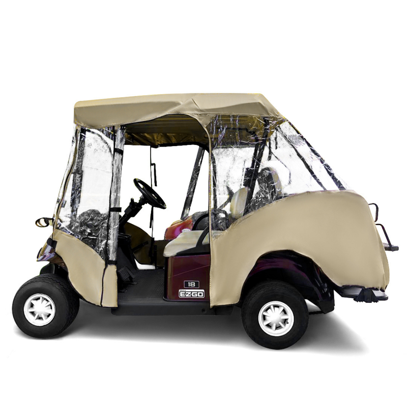 Taupe 2+2 passenger golf cart driving enclosure cover for 4-seater short roof 58-inch golf carts with clear windows and durable weather-resistant fabric