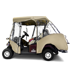 Taupe 2+2 passenger golf cart driving enclosure cover for 4-seater short roof 58-inch golf carts with clear windows and durable weather-resistant fabric