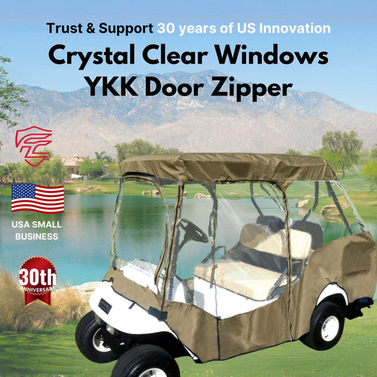 A taupe Formosa Covers 2+2 Passenger Golf Cart Driving Enclosure Cover (4 Passenger Short Roof 58") with crystal clear plastic windows and a YKK door zipper is parked on a lush green golf course with mountains in the background, showcasing 30 years of US innovation by Formosa Covers.