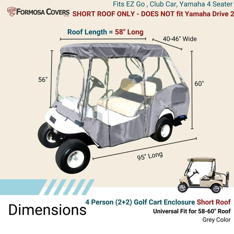 4 Passenger Golf Cart Driving Enclosure Cover (2 Passenger Short Roof 58") Grey