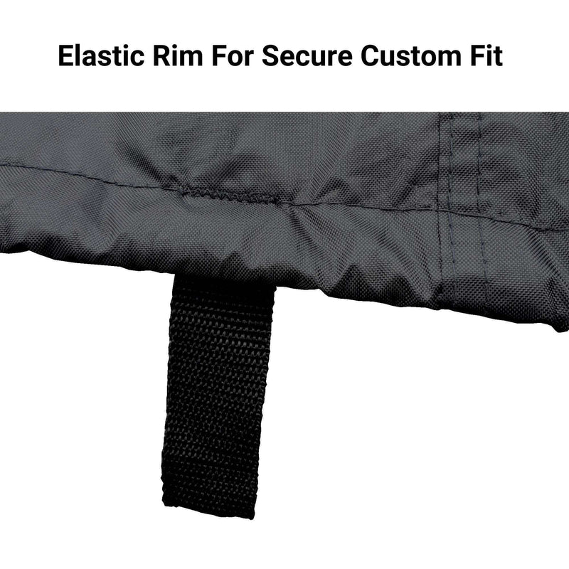 Close-up image of a black fabric with stitching details and an attached adjustable strap loop. Text at the top reads, "Elastic Rim For Secure Custom Fit," indicating that the item is intended to fit snugly and securely as the Formosa Covers Can-Am Spyder Sport Model Full Cover for RS, ST, ST-S, RS, F3, and F3-S.