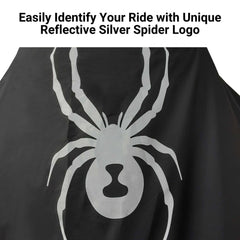 A black Can-Am Spyder Sport Model Full Cover for RS, ST, ST-S, RS, F3, and F3-S by Formosa Covers displays a large, reflective silver spider logo. The text above the fabric reads, 