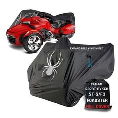 Displayed is the Can-Am Spyder Sport Model Full Cover by Formosa Covers, designed for RS, ST, ST-S, F3, and F3-S models. The cover boasts an expandable windshield area and a prominent large spider graphic on the side. A red three-wheeled Can-Am motorcycle can be seen in the background. Additionally, the cover is waterproof for added protection.