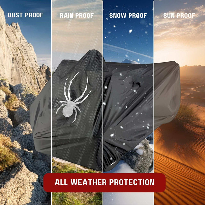 An image showcasing a Formosa Covers waterproof outdoor cover protecting against various weather conditions. The image is divided into four vertical sections labeled "Dust Proof," "Rain Proof," "Snow Proof," and "Sun Proof," with a caption reading "All Weather Protection" at the bottom on a red banner. Ideal for your Can-Am Spyder Sport Model Full Cover needs for RS, ST, ST-S, RS, F3, F3-S.