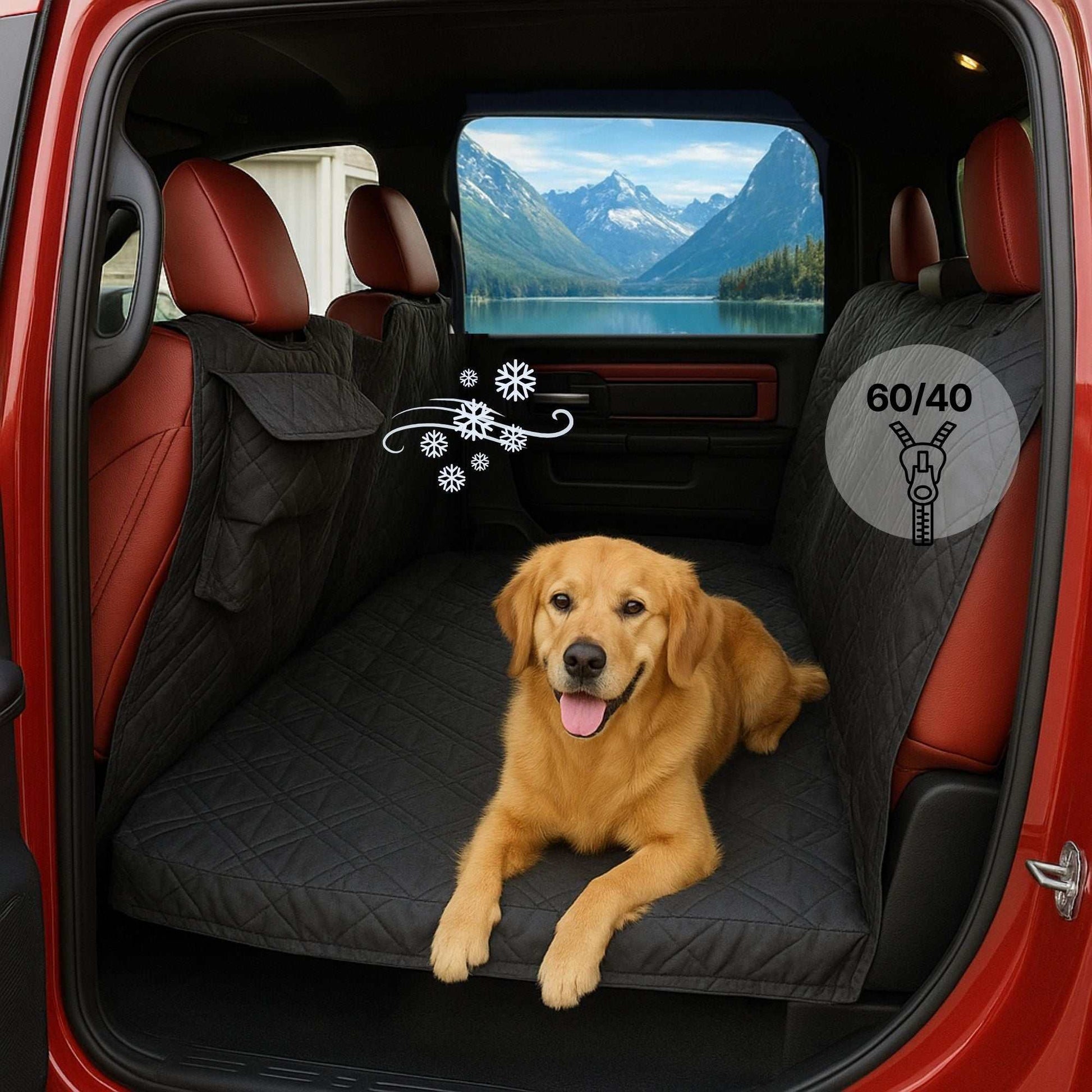 Dog sitting on a black car seat cover with a scenic view displayed on a screen in the back of a red truck.XX-Large pet seat cover in truck with dog, quilted black fabric, durable and washable, provides full coverage for large vehicles dog truck crew cab cover ram 1500 f150 f250