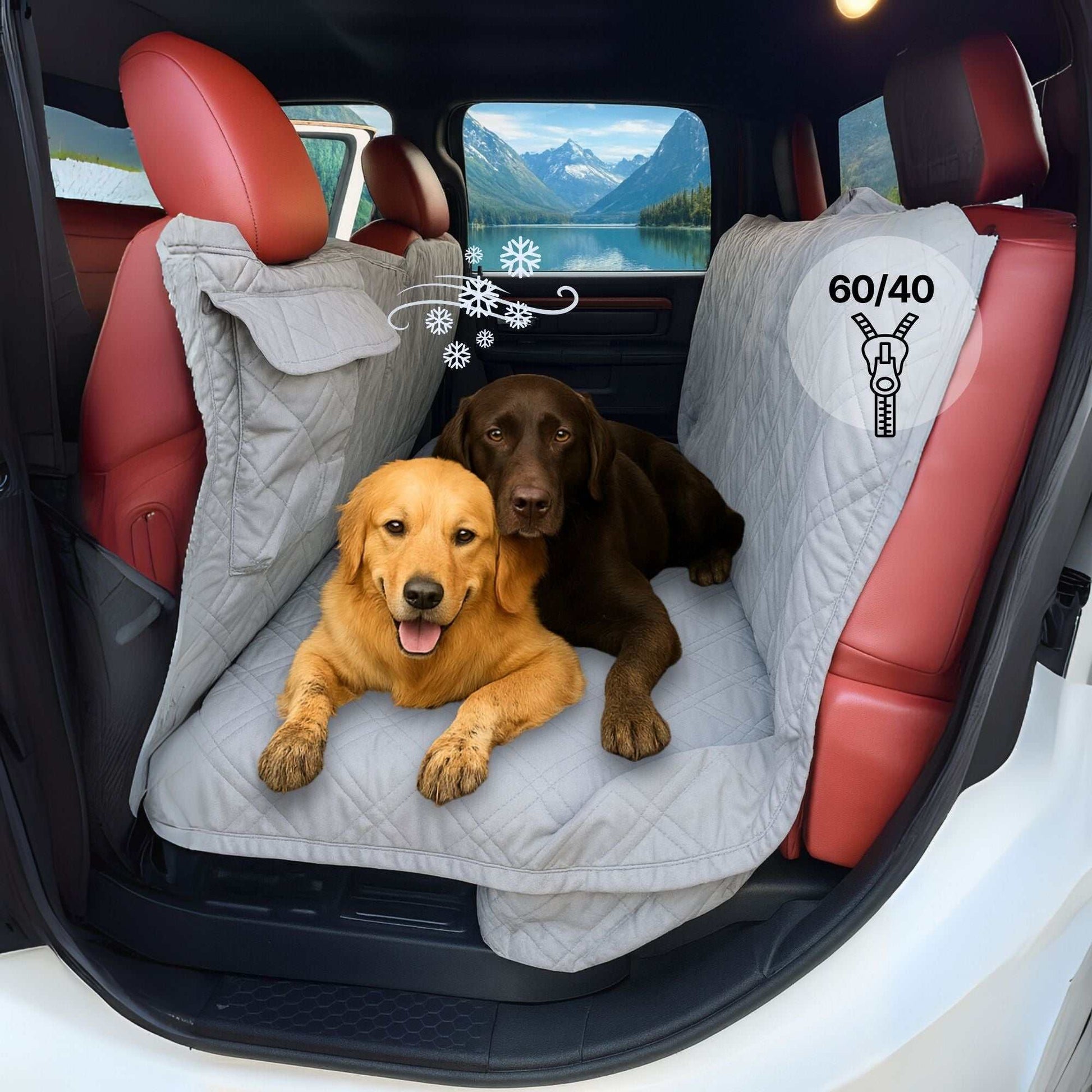 Two dogs on a car seat cover with a mountain view outside dog crew cab ram 1500 f150 f250 truck rear seat cover ventilated